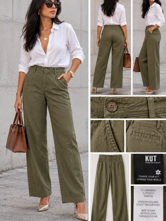 Kut from the Kloth Pants - KUT From The Kloth Olive Green Linen Blend Relaxed Straight Leg Pants Size 12